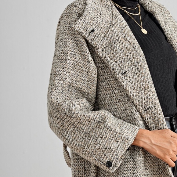 button closure tweed beige trench pea coat belted - Picture 4 of 6